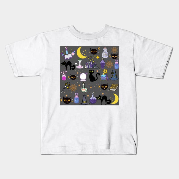 Black Cat Black Magic_Grey Background Kids T-Shirt by leBoosh-Designs